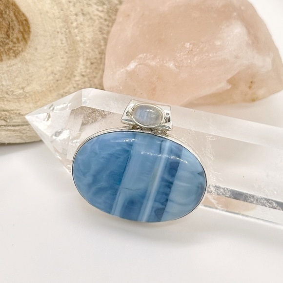 BLUE Owyhee & Rainbow Moonstone Sterling Silver Healing Pendant Necklace - Picture 1 of 4